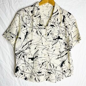 Vintage Abstract Blouse Black White Splatter Print Small